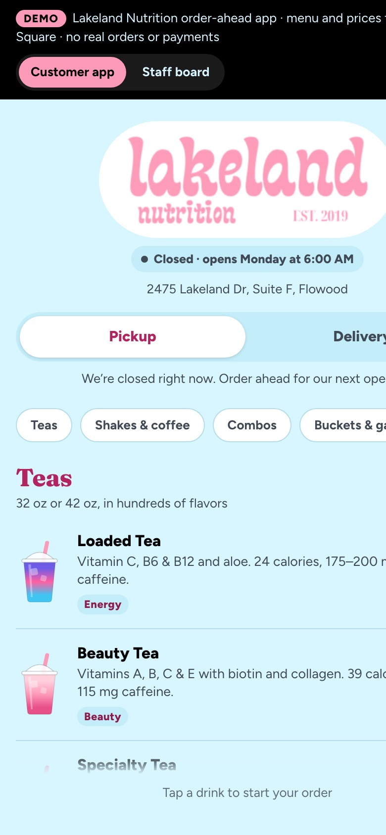 Customer ordering screen on a phone
